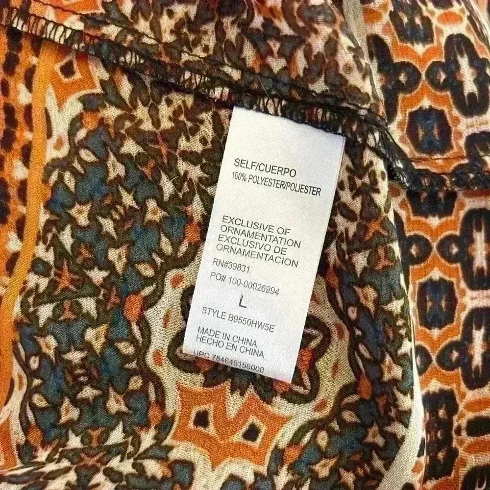 Democracy Women’s Boho Tie Front Tunic Top 3/4 Sleeve Sheer Shirt Blouse Size L - Picture 5 of 8